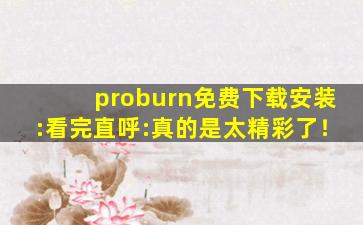 proburn免费下载安装:看完直呼:真的是太精彩了！